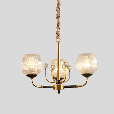 3/6 Bulbs Chandelier Pendant Lamp Post Modern Dining Room Suspension Light with Cup Latticed Glass Shade in Brass