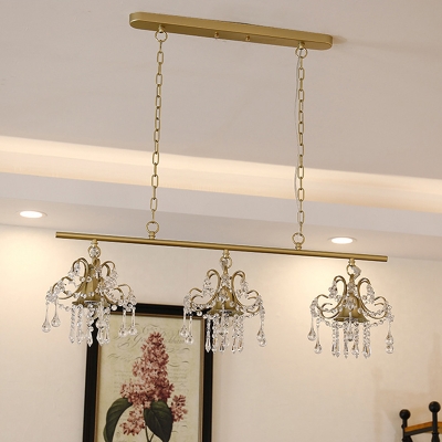 3-Head Crystal Fringe Island Pendant Post-Modern Gold Linear Dining Room Hanging Ceiling Light