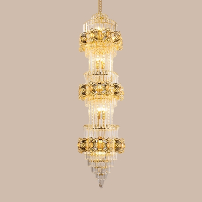 3 Tiers Elongated Hall Ceiling Pendant Luxurious Modern Clear Crystal 8-Light Gold Chandelier