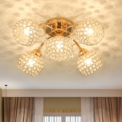 5-Head Dome Semi Flush Light Fixture Traditional Gold Crystal Inserted Ceiling Mounted Lamp