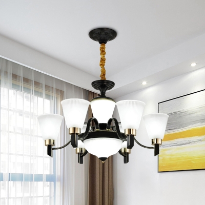 6/8 Lights Ceiling Chandelier with Up Bell Shade Cream Glass Traditional Living Room Pendulum Lamp in Black