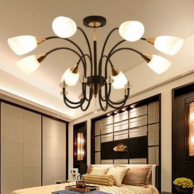 6/9/12-Bulb Conic Chandelier Light Fixture Country Black Finish Opal Glass Ceiling Suspension Lamp