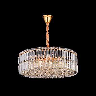 6 Lights Living Room Pendulum Light Modern Gold Hanging Chandelier with Drum Clear Crystal Prism Shade
