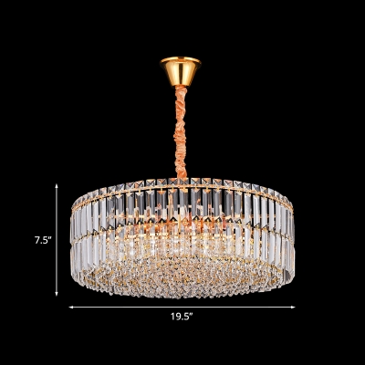 6 Lights Living Room Pendulum Light Modern Gold Hanging Chandelier with Drum Clear Crystal Prism Shade