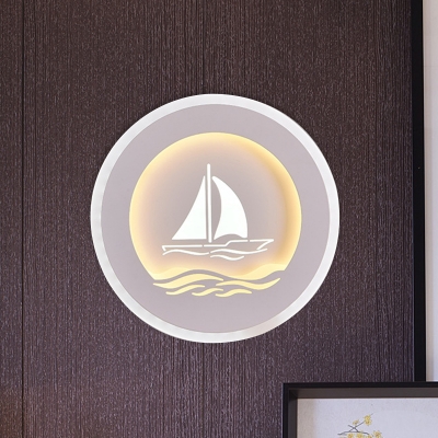 Acrylic Round Wall Light Sconce Modern LED White Wall Lamp Fixture with Boat/Tree Pattern