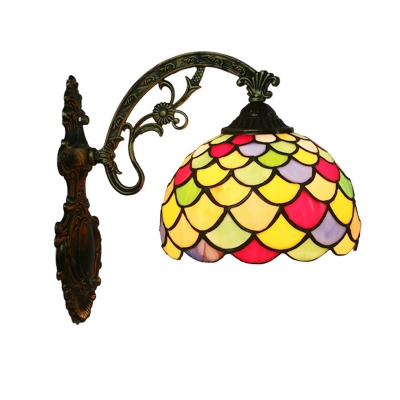 Antiqued Brass Single Sconce Lamp Tiffany Stained Glass Squama Wall Mounted Lamp