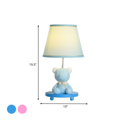 Barrel Shade Night Table Lamp Cartoon Fabric Single Blue/Pink Bear Night Stand Lamp for Bedside