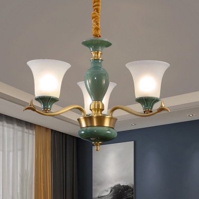 Bell Shade Drawing Room Hanging Chandelier Country Style Frosted Glass 3/6-Light Green Ceramics Pendant Lamp