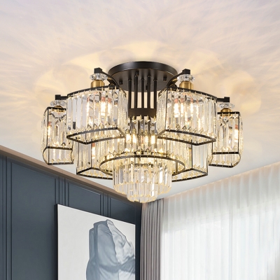 

Black Arced Semi-Flush Ceiling Light Contemporary 9-Head Rectangle-Cut Crystal Flush Mounted Lamp, HL635836