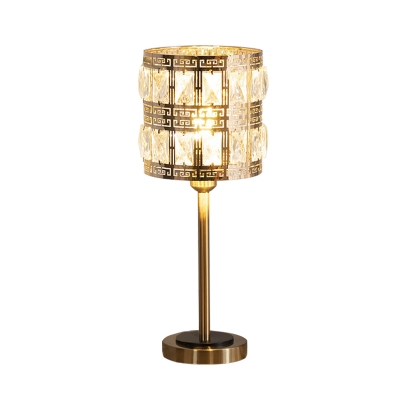 Brass 1-Bulb Night Stand Light Mid Century Crystal Checkered/Gridded Cylinder Table Lamp for Living Room