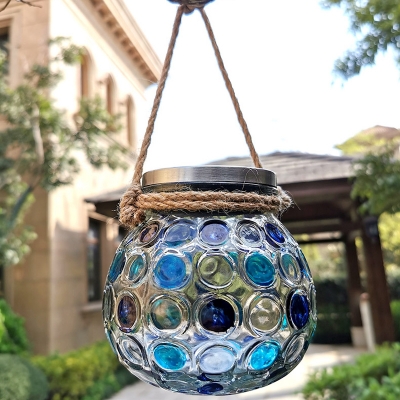 Canning Jar Garden Solar Pendant Lighting Blue/Green/Beige-Clear Glass Modernist LED Suspension Lamp with Hanging Hemp Rope