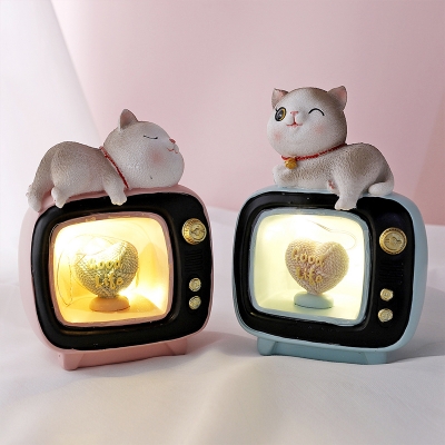 Cat Sleep on TV Statue Mini Night Light Kids Resin Bedside LED Table Lamp in Pink/Blue