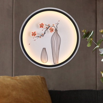 Ceramic Flower Vase Wall Mural Lighting Asia Black LED Wall Mounted Lamp for Bedroom Decoration