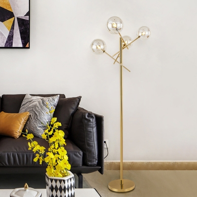 Clear Glass Ball Shade Floor Lighting Modernist 4-Light Gold LED Branch Standing Lamp