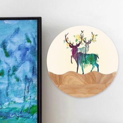 Colored Elk Bedside Mural Light Acrylic Nordic Style Round LED Wall Mounted Lighting in Wood