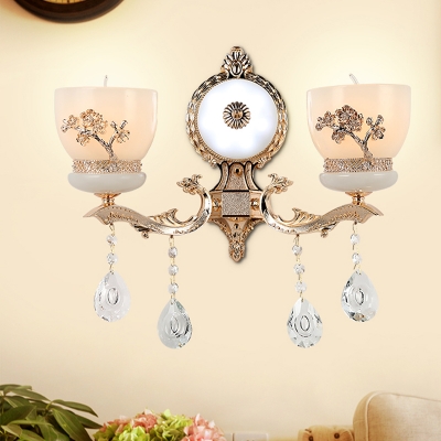 Countryside Cup-Shape Wall Light Fixture 1/2-Light Frosted Glass Wall Mount Lamp in Gold