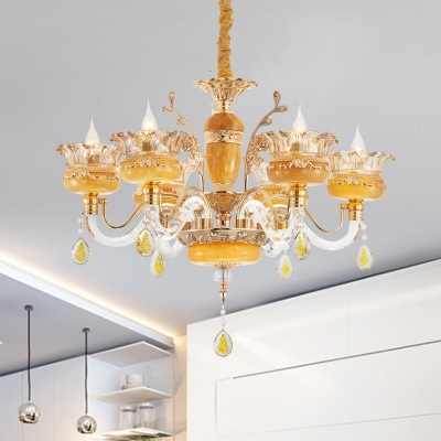 Crystal Yellow Hanging Pendant Light Candle Style 6 Lights Traditional Ceiling Chandelier