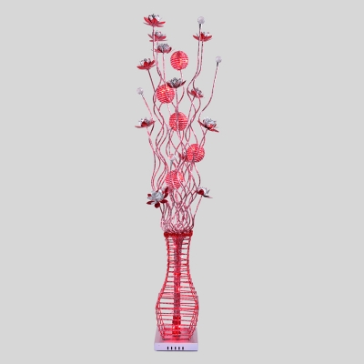 Decorative Flower and Vase Floor Light Aluminum Wire LED Standing Floor Lamp in Red/Black and Silver for Bedside