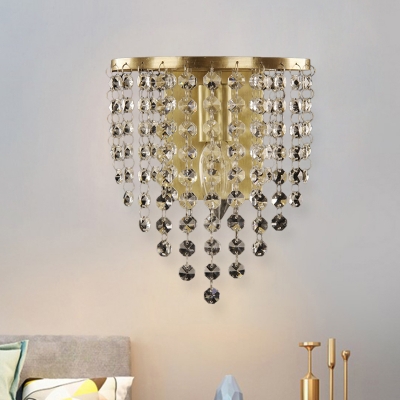 Draped Crystal Octagons Sconce Light Modern 1 Bulb Family Room Wall Lighting Fixture in Brass
