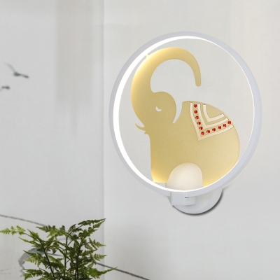 Elephant and Ring Wall Mural Lamp Asia Style Metallic LED Bedroom Wall Light Sconce in White and Gold/White and Red, White/Warm Light