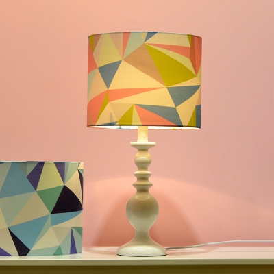 Fabric Drum Shade Desk Light Kids 1 Bulb Pink/Blue Table Lamp with Geometric Pattern