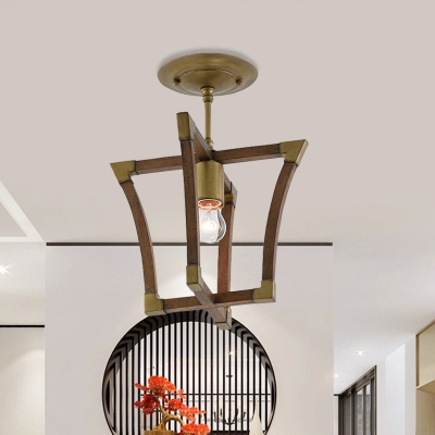 Frame Hallway Semi Mount Lighting Antiqued Wood 1-Bulb Brass Finish Ceiling Lamp Fixture