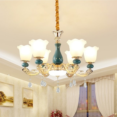 Frosted Glass Gold Hanging Chandelier Floral Shade 3/6 Heads Traditional Suspension Light with Green Ceramics Detail