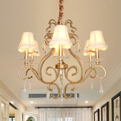 Gold Swirling Ceiling Chandelier Traditional Metal 6 Bulbs Lobby Pendant Light with Flared Fabric Shade