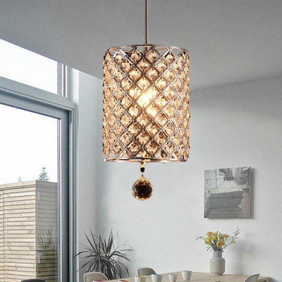 Grid Crystal-Encrusted Pendant Light with Cylinder Design Modernist 1-Light Silver Hanging Ceiling Lamp