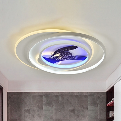 Iron Circular Flush Light Fixture Modern White LED Ceiling Lamp with Deer/Feather/Flower Silhouette