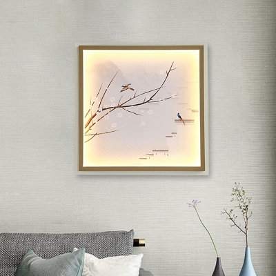 Khaki/Gold Square Wall Mural Lighting Asian Fabric LED Wall Mounted Lamp with Branch and River Pattern