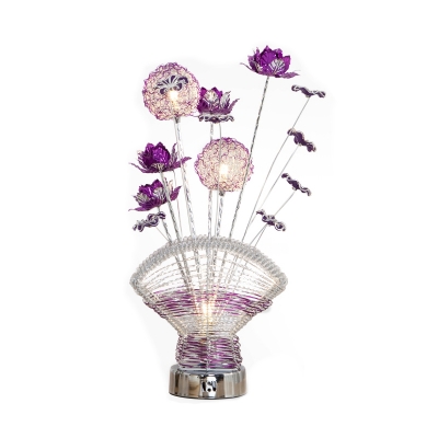 LED Nightstand Light Art Deco Florals and Vase Metallic Wire Table Lamp in Red/Purple for Bedroom