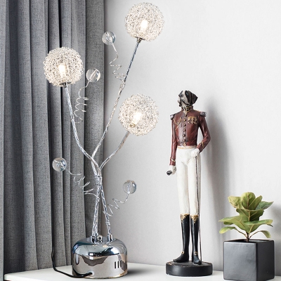 LED Table Lamp with Sphere Shade Aluminum Wire Art Deco Bedroom Tree Nightstand Lamp in Silver