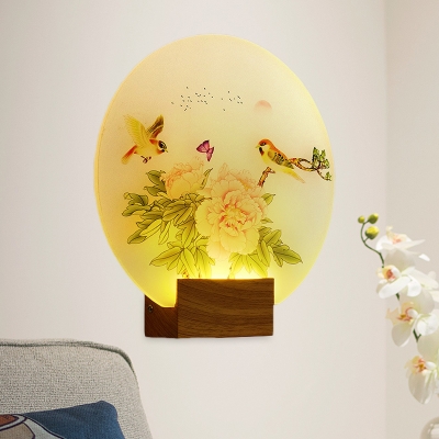Magpie and Peony Blossom Mural Lighting Asia Acrylic Family Room LED Wall Mounted Lamp in Brown