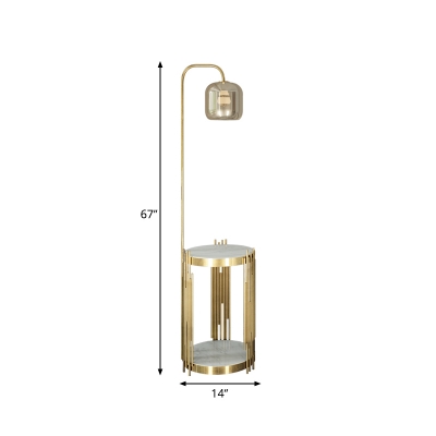 Mid-Century Stout Shade Floor Light Amber Glass 1-Light Family Room Standing Lamp with 2-Layer Storage Shelf in Gold