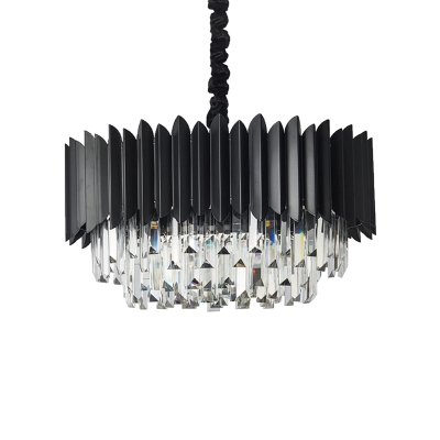 Modern Tiered Oblong Chandelier 4 Lights 3-Sided Crystal Prism Pendant Ceiling Lamp in Black