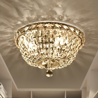 Modernist Bowl Ceiling Mounted Light Faceted Clear Crystal 3 Heads Corridor Flushmount