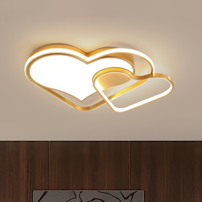 Nordic Dual Loving Heart Flush Lighting Fixture Metallic LED Bedroom Flush Mount Lamp in Gold