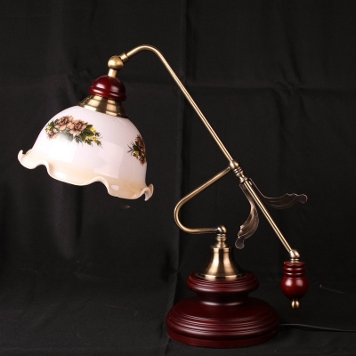 Red Brown Single Reading Light Countryside Wood Gourd Table Lamp with Balance Arm and Printing Glass Shade