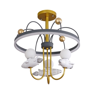 Rocket Resin Semi Flush Lamp Fixture with Universe Design Cartoon 3 Lights Gold Flush Mount Lighting