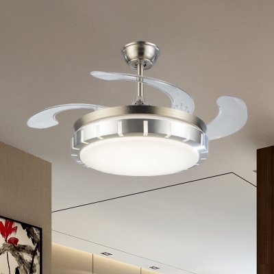 Round Metal Semi Flush Light Fixture Minimal LED Silver Ceiling Fan Lamp with 4 Clear Blades, 42