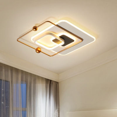 Squared Bedroom Ceiling Mounted Light Metallic LED Modernism Flush Lamp Fixture in White and Gold, White/Warm Light
