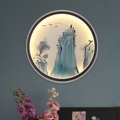 Taishan Mountain Painting Mural Lighting Chinese Aluminum Living Room LED Flush Wall Sconce in Blue