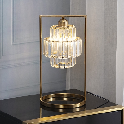 Tiered Round Bedside Night Light Postmodern Crystal Single Brass Table Lighting with Rectangle Arm