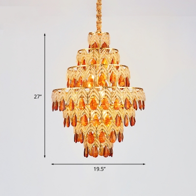 Amber Crystal Tiered Ceiling Chandelier with Rhombus Design Traditional 8 Heads Dining Room Pendant in Gold