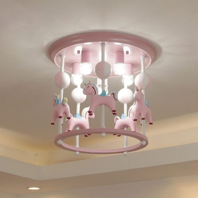 Unicorn Flush Light Fixture with Carrousel Design Cartoon Resin 6 Bulbs Blue/Pink Flush Mount