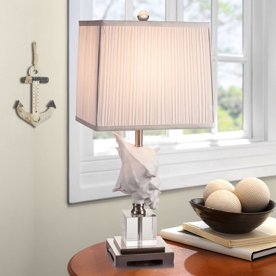 Vintage Conch Shaped Night Table Lamp Single Bulb Resin Desk Lamp with Rectangle Fabric Shade in White/Silver