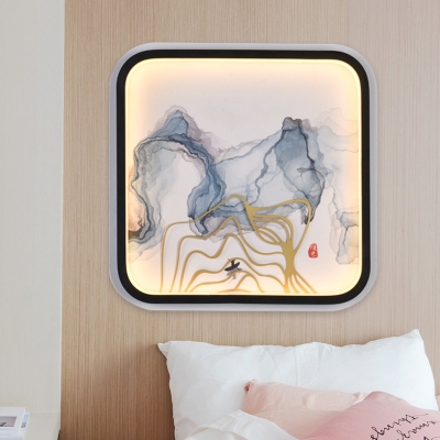 Watercolor Line Drawing Mural Lighting Chinese Metallic Black LED Square Wall Sconce Light Fixture