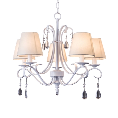 White Finish Scroll Chandelier Lighting Traditional 5 Heads Iron Ceiling Pendant Lamp with Barrel Fabric Shade