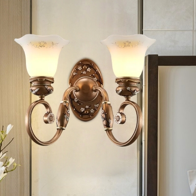 1/2 Lights Flower Shade Up Wall Lighting Vintage Brown Frosted White Glass Wall Mount Lamp